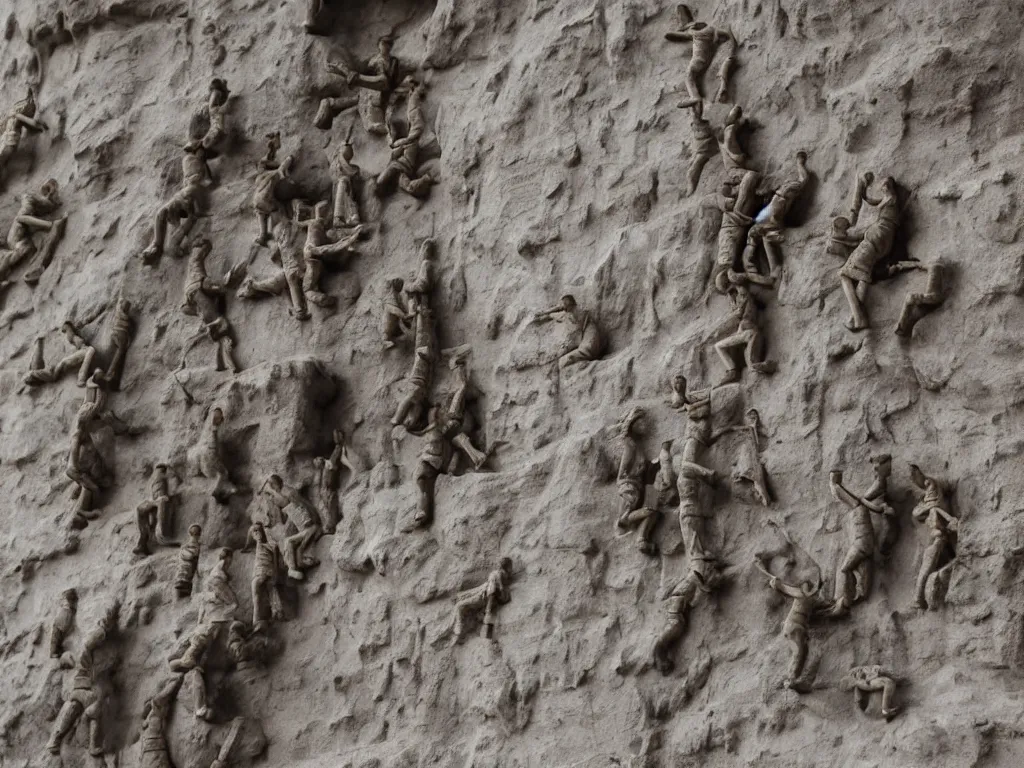 Prompt: miniature men of gray clay climbing on huge wooden stairs