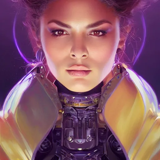 Image similar to Portrait of very very very very very very beautiful Latina woman, spacesuit, purple eyes, intricate, elegant, highly detailed, digital painting, artstation, concept art, smooth, sharp focus, illustration, art by artgerm and greg rutkowski and alphonse mucha