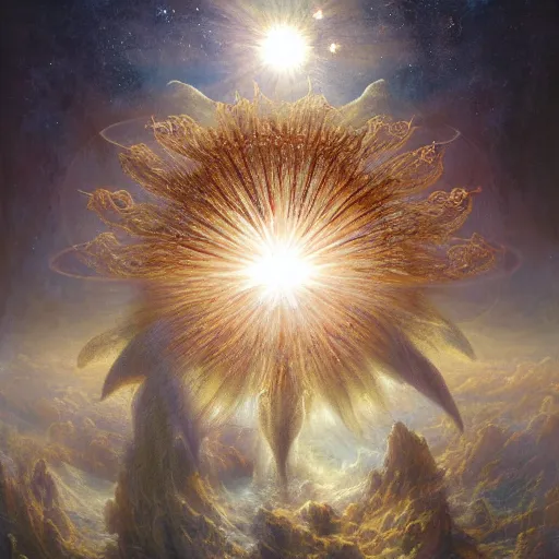 Image similar to iris of god, creation of the universe, ellen jewett, beautiful surreal palatial pulsar at dawn, creation of the world, let there be light, light separated from dark, genesis, gustave dore, ferdinand knab, jeff easley