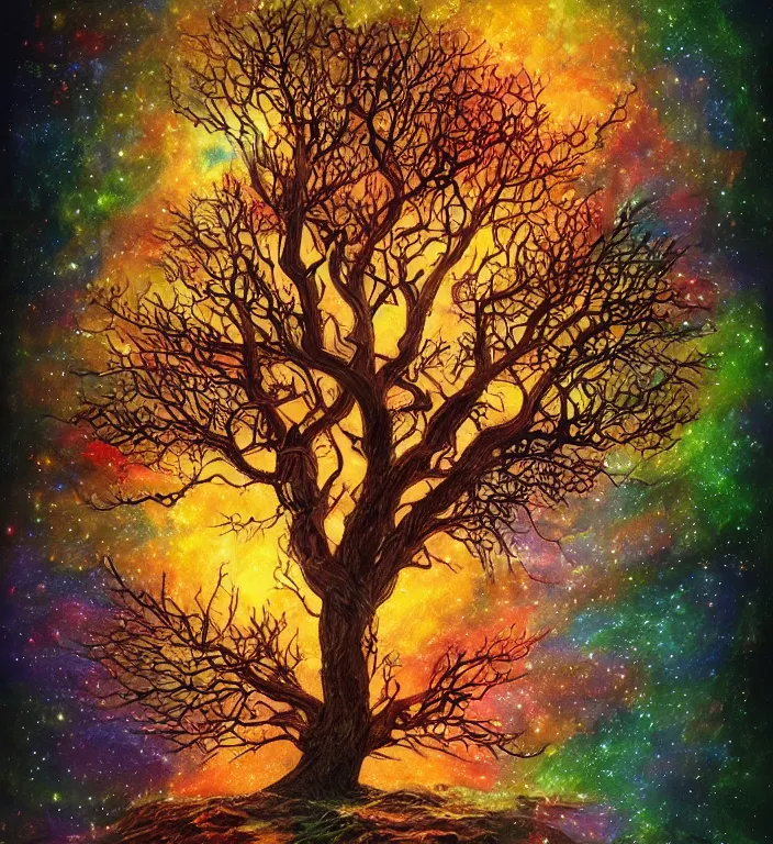 Prompt: a wlop 3 d render of very very very very highly detailed beautiful colorful mystic portrait of a tree on a hill with whirling galaxy around, tattoos by anton pieck, intricate, extremely detailed, digital painting, artstation, concept art, smooth, sharp focus, illustration, intimidating lighting, incredible art,