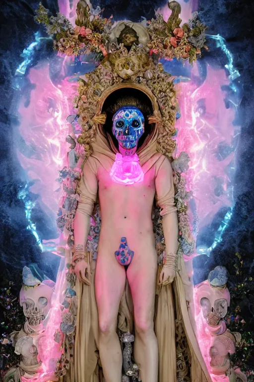 Image similar to photo of full-body rococo and cyberpunk delicate neon crystalline sculpture of ((handsome muscular albino prince Harry Styles)) as an onyx humanoid deity wearing ((peach plastic hooded cloak)) (holding an onyx skull) in a onyx aztec temple, reclining, glowing blue face, crown of (pink lasers), large blue diamonds, swirling black silk fabric. futuristic elements. oozing glowing liquid, full-length view. space robots. intricate artwork by caravaggio. Trending on artstation, octane render, cinematic lighting from the right, hyper realism, photorealistic, octane render, 8k, depth of field, 3D