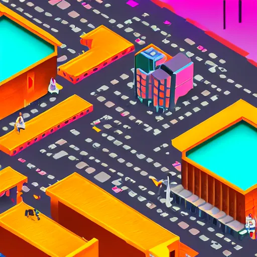 Prompt: Isometric game, 4k, dramatic lighting, unreal engine, fake city for nuclear tests, bright colors