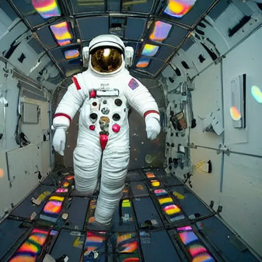 Image similar to astronaut in a room full of mirrors reflecting him, prism, rainbow glitter