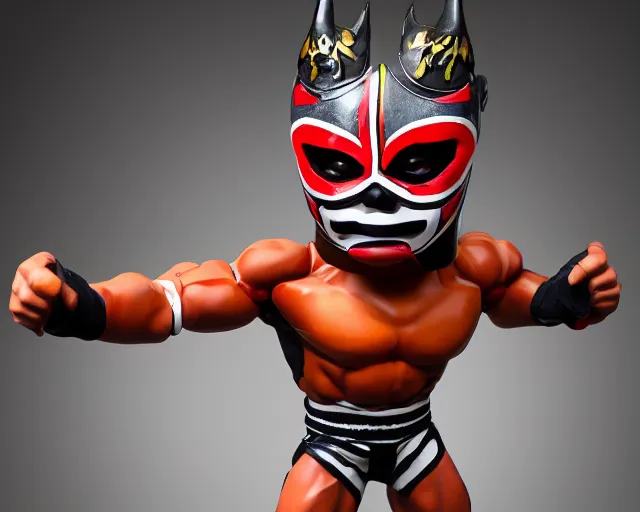 Image similar to Jorge Gutierrez Mexican wrestler vinyl figure, product photography, dynamic pose, anime stylized, exaggerated proportions, high detail, studio lighting, digital art - H 640