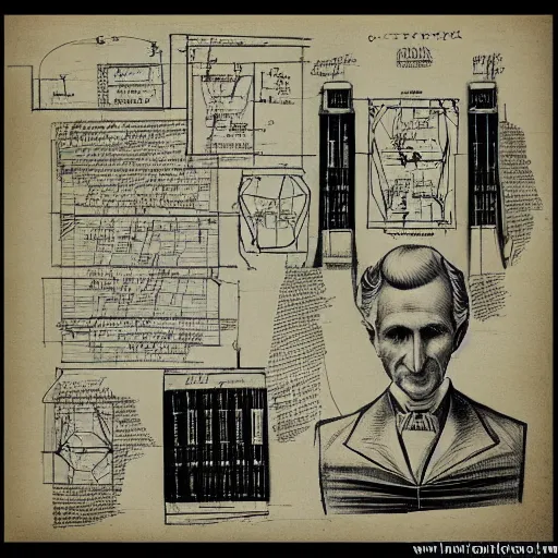 Image similar to lost nikola tesla sketches, diagrams, drawing