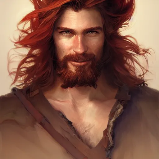 Image similar to portrait of a young ruggedly handsome but joyful pirate, male, masculine, upper body, red crimson hair, long flowing hair, fantasy, soft grin, intricate, elegant, highly detailed, digital painting, artstation, concept art, matte, sharp focus, illustration, art by artgerm and greg rutkowski and alphonse mucha