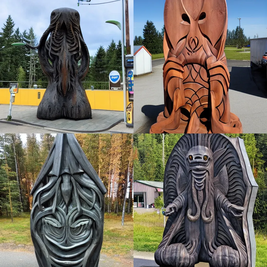 Prompt: wooden monument to cthulhu at a finnish petrol station,