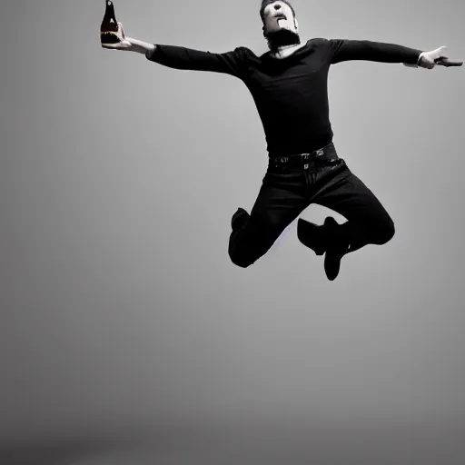 Image similar to a detailed portrait of a male model boisterously dancing around the room by himself holding an empty wine bottle as he jumps in the air in an (art studio), striking artistic concept, perfect composition, detailed facial expression, fine detail, dramatic lighting, award-winning photo UHD, 4K