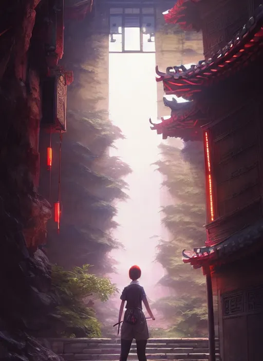 Image similar to Highly detailed and reflective chinese door, Stephen Bliss, unreal engine, fantasy art by Greg Rutkowski, Loish, Rhads, Makoto Shinkai and Lois van baarle, ilya kuvshinov, rossdraws, Tom Bagshaw, global illumination, radiant light, detailed and intricate environment