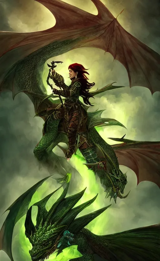 Image similar to epic fantasy dungeons and dragons scene, female halfling rogue, riding on top of a green dragon, green dragon, waterdeep, black hair, rogue, fantasy, red leather corset, cinematic, beautiful lighting, heroic, digital art