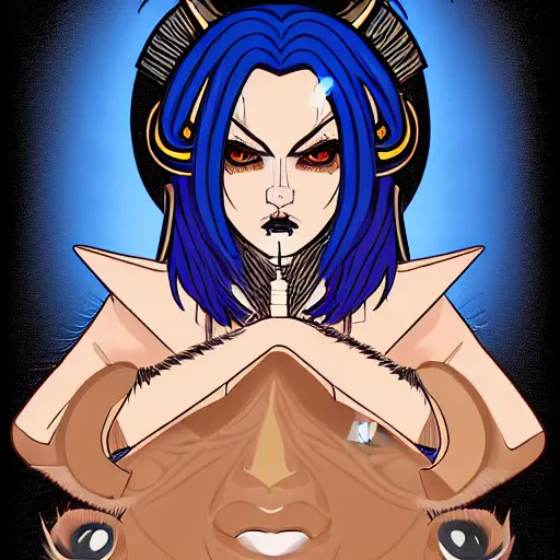 Prompt: illustrated portrait of ram-horned devil woman with blue bob hairstyle and hex #FFA500 colored skin tone and with solid black eyes and black sclera wearing leather by rossdraws