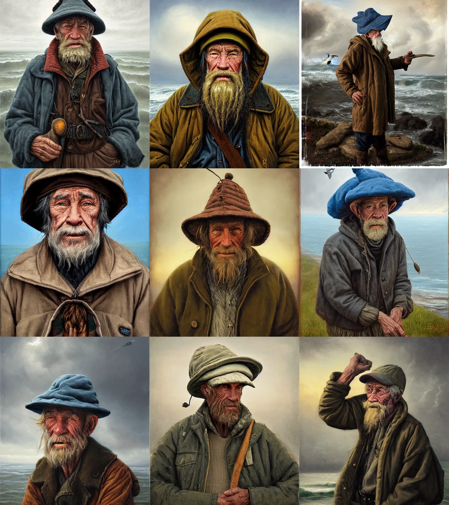 Prompt: Portrait of a old fisherman in storm jacket and hat, with head of donkey Eeyore from disney cartoon, by Tom Bagshaw and Manuel Sanjulian