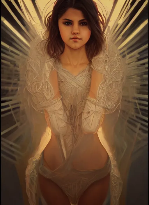 Image similar to symmetry!! selena gomez, machine parts embedded into face, intricate, elegant, highly detailed, digital painting, artstation, concept art, smooth, sharp focus, illustration, art by artgerm and greg rutkowski and alphonse mucha, 8 k