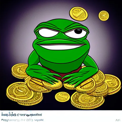 Image similar to super rich happy pepe, coins, gold, crystals, greg rutkowski