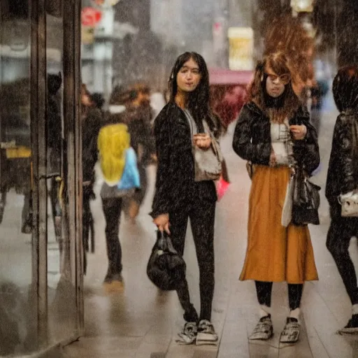 Prompt: blurry melancholic people at misty city street