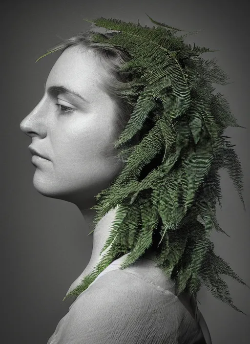 Image similar to a woman's face in profile, long hair made of ferns, in the style of the Dutch masters and Gregory Crewdson, dark and moody