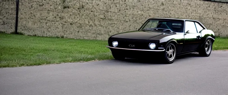 Image similar to all black audi camaro b 1 ( 1 9 6 7 ), restomod, establishing shot