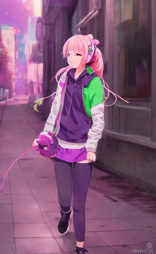 Image similar to anime girl with pink ponytail, wearing purple headphones, wearing a green sweater, with a smile on her face and her eyes closed, walking down a street, dynamic lighting, photorealistic fantasy concept art, trending on art station, stunning visuals, creative, cinematic, ultra detailed