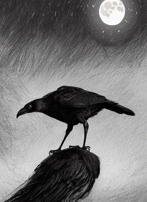 Image similar to portrait, A crow in front of the full big moon, book cover, red white and black colors, establishing shot, extremly high detail, foto realistic, cinematic lighting, pen and ink, intricate line drawings, by Yoshitaka Amano, Ruan Jia, Kentaro Miura, Artgerm, post processed, concept art, artstation, matte painting, style by eddie mendoza, raphael lacoste, alex ross