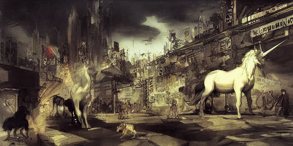 Prompt: unicorn in a futuristic cyberpunk town. By Francisco Goya, highly detailed