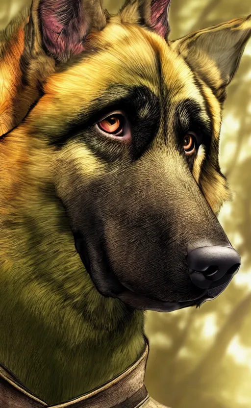 Image similar to close up character portrait icon of the german shepard beast - man military uniform head animal person wearing clothes standing in the bright forest, hidari, color page, tankoban, 4 k, tone mapping, akihiko yoshida