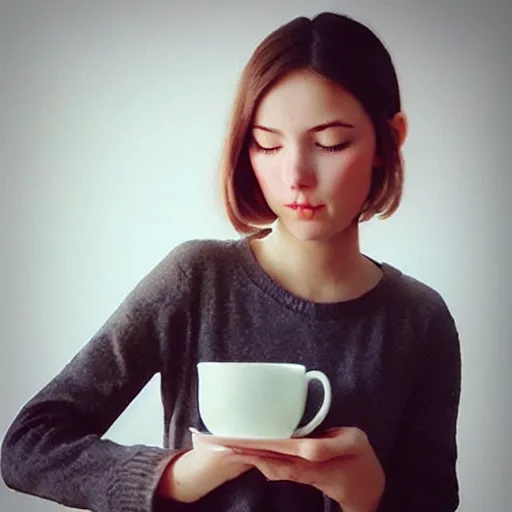 Image similar to “A girl drinking tea, photorealism, trending on Artstation”