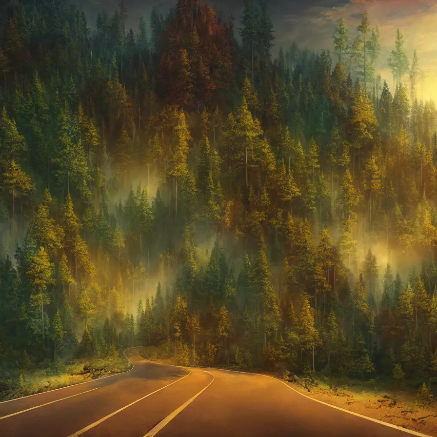 Prompt: surrealist semiabstract artwork of a highway road leading to the horizon through a thick forest down a rocky mountain coast towards the sunset. atmospheric landscape, soft tones, psychedelic, ultra realistic, concept art, modern art, photorealistic, octane render, 8 k. art by nori inoguchi and sam kaplan and zachary goulko and christopher marley