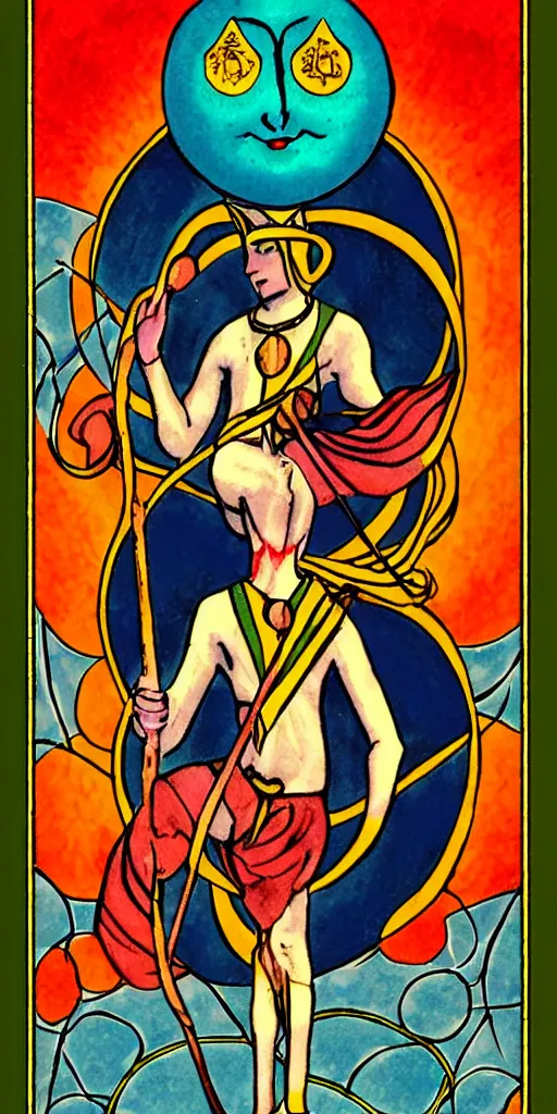 Image similar to the fool, rider - waite tarot card with an art deco boarder, high quality, digital painting