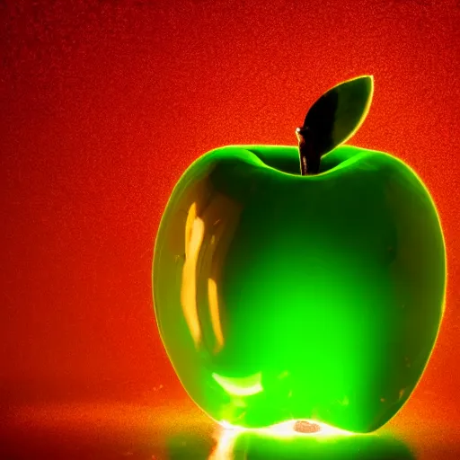 Prompt: an apple with glowing green smoke coming out of it, dramatic lighting