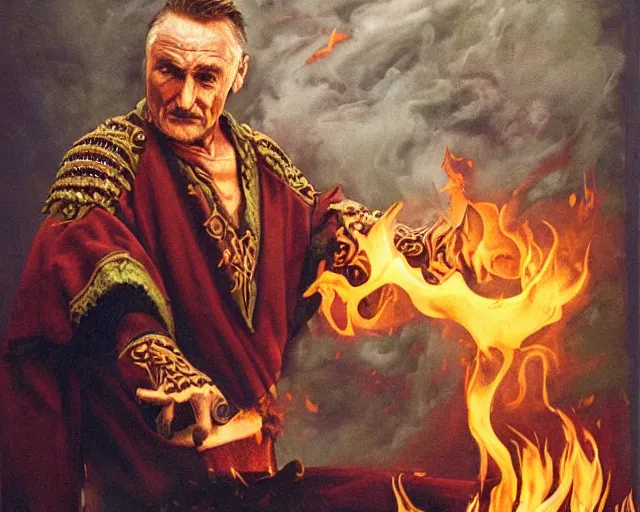 Image similar to dennis hopper as a powerful fire mage casting a flame spell, fantasy art, extremely detailed, high quality, award - winning,