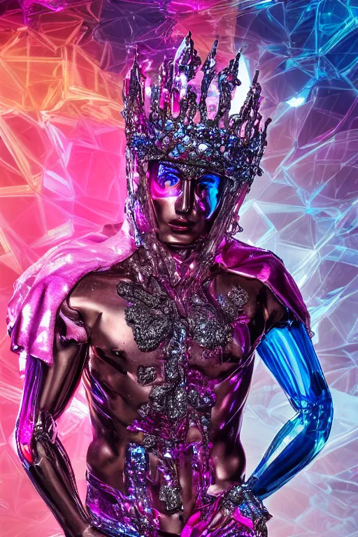 Image similar to hyper detailed ultra sharp fullbody photo of baroque and cyberpunk transparent pink gem sculpture of a muscular seductive young latino feeling muy cachondo, muy dotado, iridescent humanoid deity wearing ed plastic seethrough cloak, holding a rainbow tiger gem, blue diamond, glowing pink face, crown of white diamonds, cinematic lighting, photorealistic, octane render 8 k
