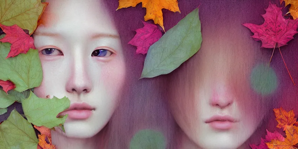 Image similar to breathtaking detailed pattern pastel colors of an ethereal ginger teenager with a face made of autumn leaves, by hsiao - ron cheng, bizarre compositions, exquisite detail, 8 k