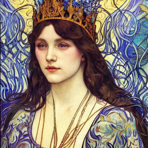 Image similar to detailed realistic beautiful young medieval queen face portrait by jean delville, alphonse mucha, vincent van gogh, and marco mazzoni, art nouveau, symbolist, visionary, gothic, pre - raphaelite