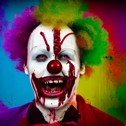 Prompt: medium shot of an expressionless clown with blood splattered on his face, muted tones, slightly out of focus, found footage, bland colors