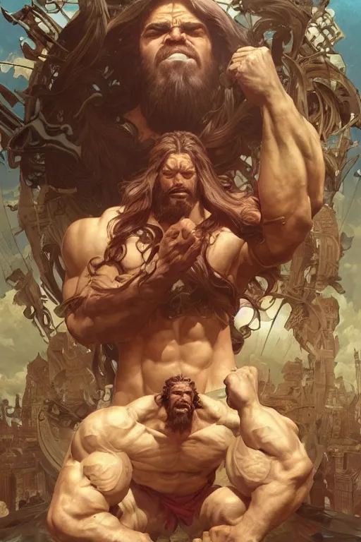 Image similar to hulking herculean ogre jesus christ, masterpiece, intricate, elegant, highly detailed, digital painting, artstation, concept art, smooth, sharp focus, illustration, art by artgerm and greg rutkowski and alphonse mucha and uang guangjian and gil elvgren and sachin teng, symmetry!!