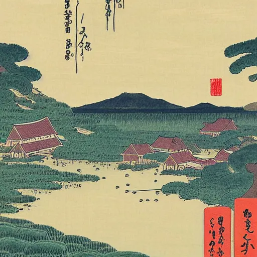 Image similar to a farm next to a lake in the style of ukiyo - e