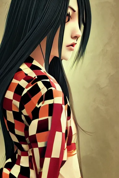 Image similar to mysterious girl with her long black hair dressed in a chequered robe anime art style, digital art by ilya kuvshinov, inspired by balthus, hd, 4 k, hyper detailed