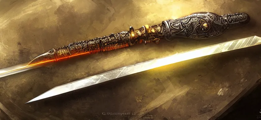 Prompt: legendary sword of cybernetic technology lying flat on a glowing table, digital award winning hd matte painting, intimate dark moody, intricate, long sharp black and iridescent blade, ornate spikes, colorful hilt, detailed realistic, raytraced blade, colored gems, golden pommel, in the style of greg rutkowski and krenz cushart, deviantart