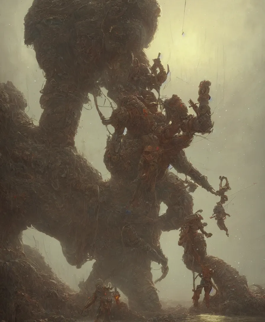 Image similar to giant holding a person, illustrated by Simon Stålenhag and Gaston Bussiere, intricate, ultra detailed, photorealistic, trending on artstation