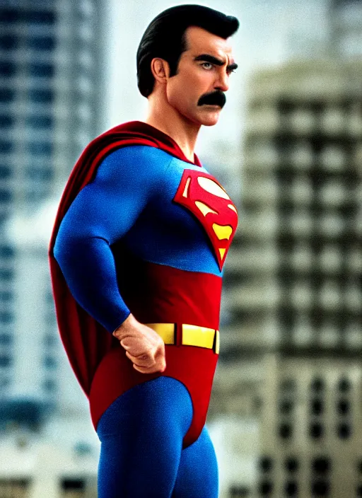 Prompt: film still of tom selleck as superman in superman, 4 k