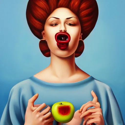 Image similar to a painting of a woman with an apple in her mouth, an ultrafine detailed painting by rafal olbinski, behance contest winner, pop surrealism, detailed painting, skeuomorphic, airbrush art