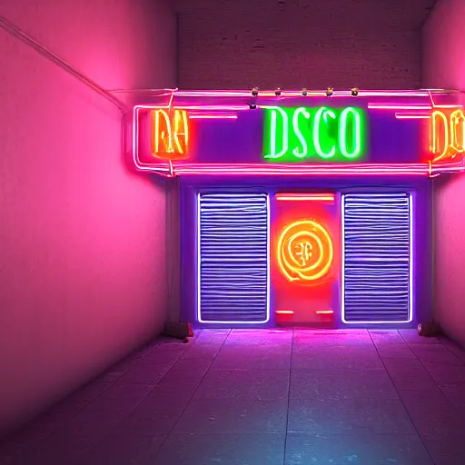 Image similar to entrance to a disco club in new york with a neon sign at nightime, heavy mist, highly detailed, artstation, concept art