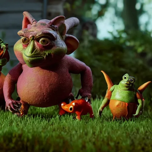 Image similar to autochrome photo of vintage disgusting brown Boglins, plastic goblin monster toys in a backyard garden, by PIXAR, octane render