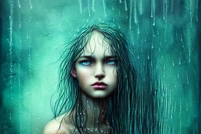 Prompt: girl finding freedom in rain with wet hair and face, teal, fantasy, intricate, elegant, dramatic lighting, emotionally evoking symbolic metaphor, highly detailed, lifelike, photorealistic, digital painting, artstation, concept art, smooth, sharp focus, illustration, art by John Collier and Albert Aublet and Krenz Cushart and Artem Demura and Alphonse Mucha