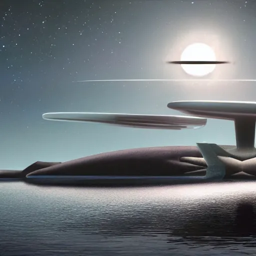 Image similar to spaceship starship battlestar by Alvar Aalto over sea, mountainous island, from interstellar by nolan