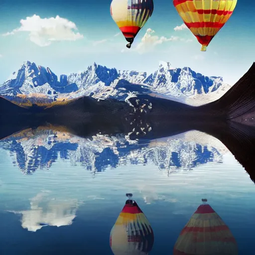 Image similar to photo of two black swans touching heads in a beautiful reflective mountain lake, a colorful hot air balloon is flying above the swans, hot air balloon, intricate, 8k highly professionally detailed, HDR, CGsociety