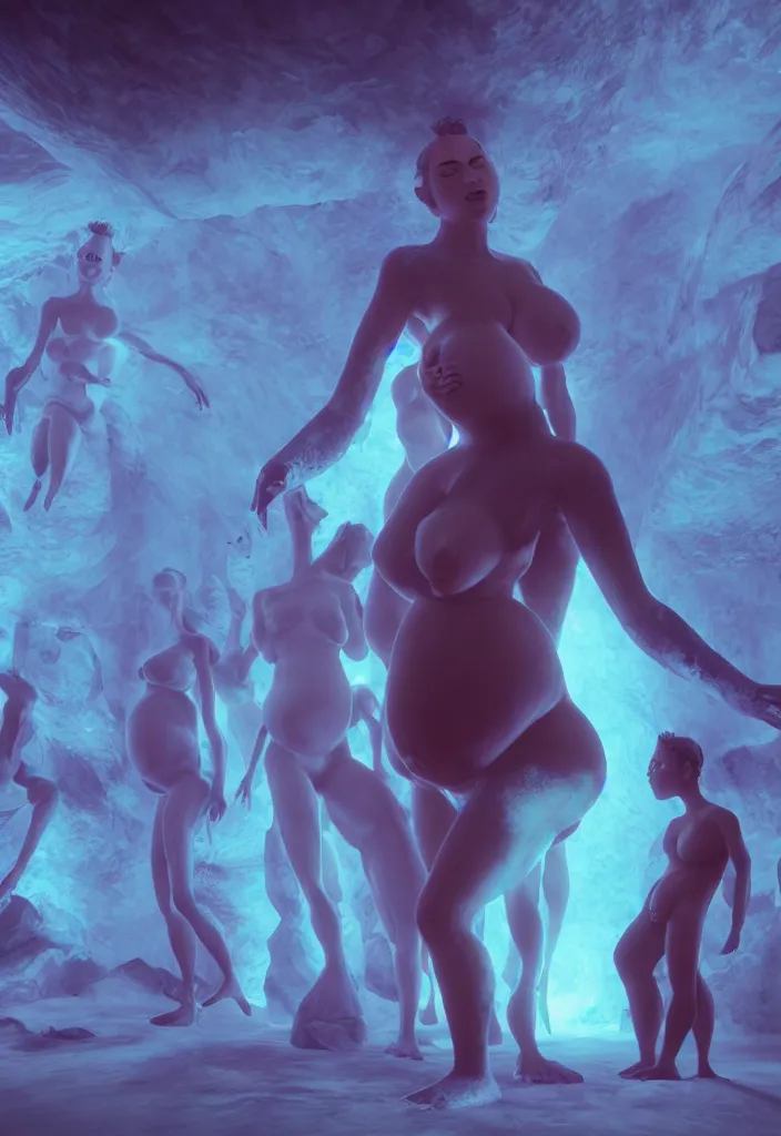 Image similar to epic leader pregnant woman talking to all her tribe with fluorescence bodies, proud people looking at the pregnant woman, ice cave, facinating, fantasy digital art, octane render, beautiful composition, trending on artstation, coherent, masterpiece, photorealistic