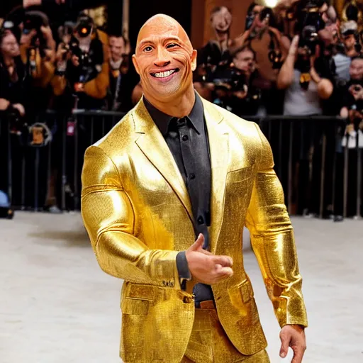 Image similar to dwayne the rock johnson wearing a golden expensive gold suit made entirely of gold walking down the run way, 3 5 mm, paparazzi photo, dazzling lights, dramatic lighting, photorealistic, cinematic scene, gold, super detailed, hyper realistic, bright lights
