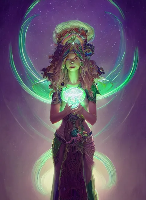 Image similar to green hair goddess, fantasy, glowing lights!! intricate, stars and lights, d & d, fantasy, intricate, elegant, highly detailed, digital painting, artstation, concept art, matte, sharp focus, illustration, hearthstone, art by artgerm and greg rutkowski and alphonse mucha