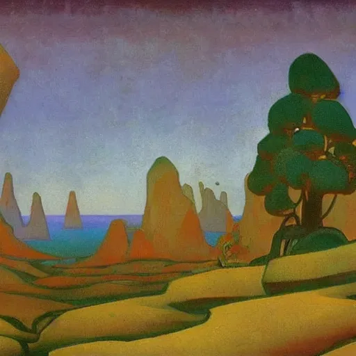 Prompt: painting of a lush natural scene on an alien planet by nicholas roerich. beautiful landscape. weird vegetation. cliffs and water.